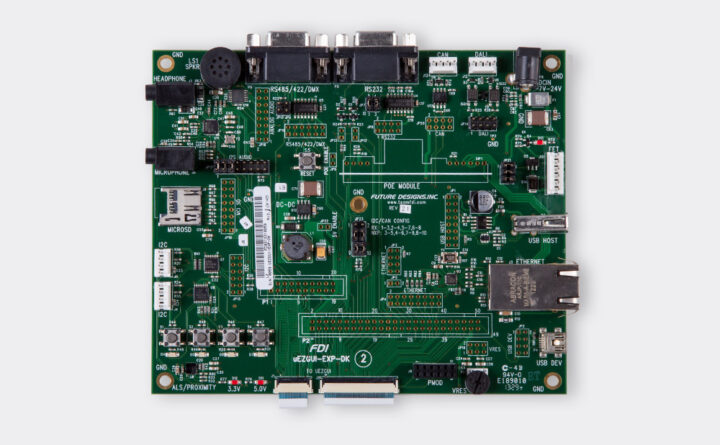 A photo of Expansion Board for µEZGUIs with full 70-pin breakout and USB, Ethernet, audio, microSD, I2C, serial, FET, etc from the front